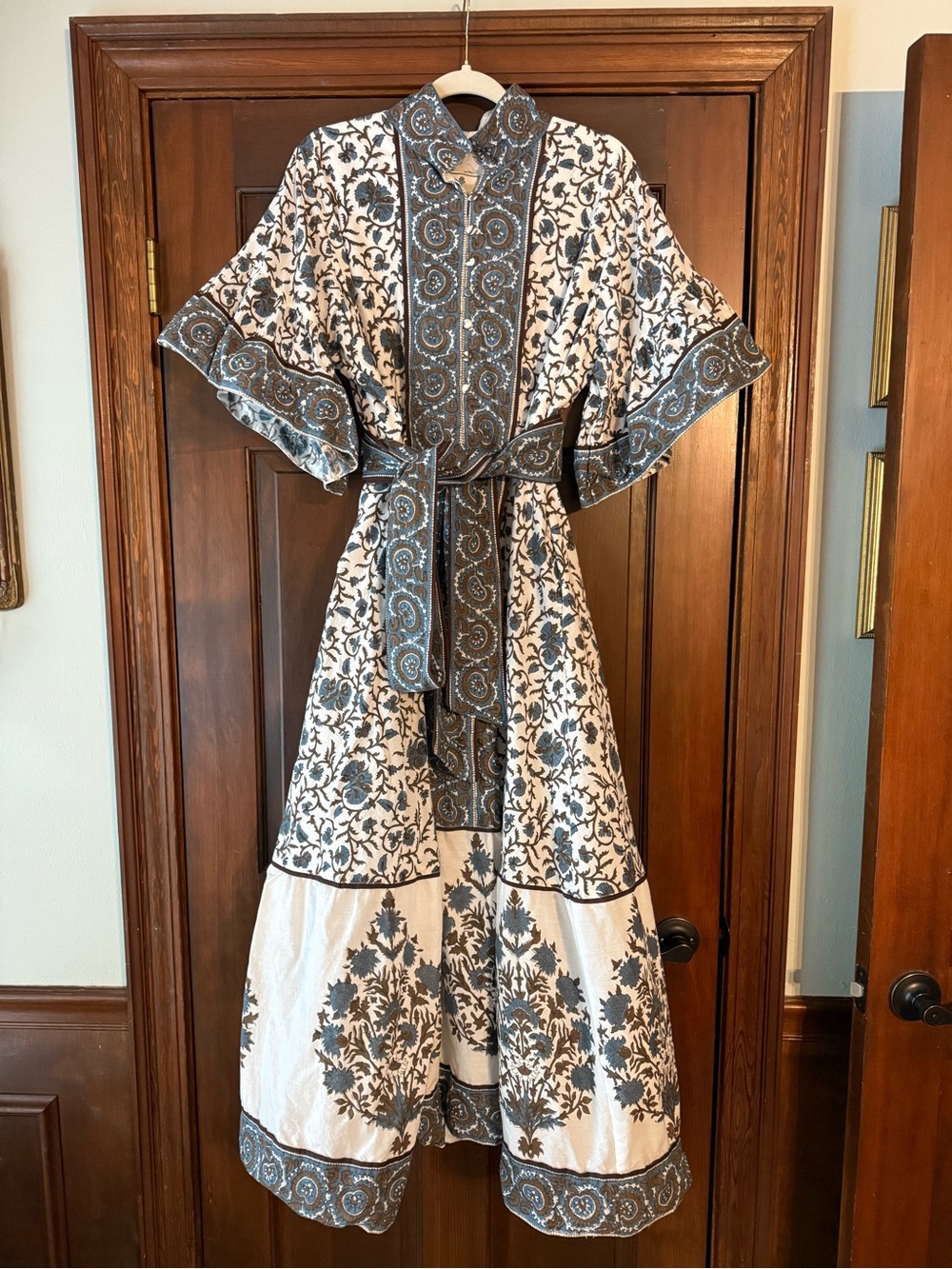 Sue Sartor Hamilton Blue White and Brown Floral Maxi Dress with Sash